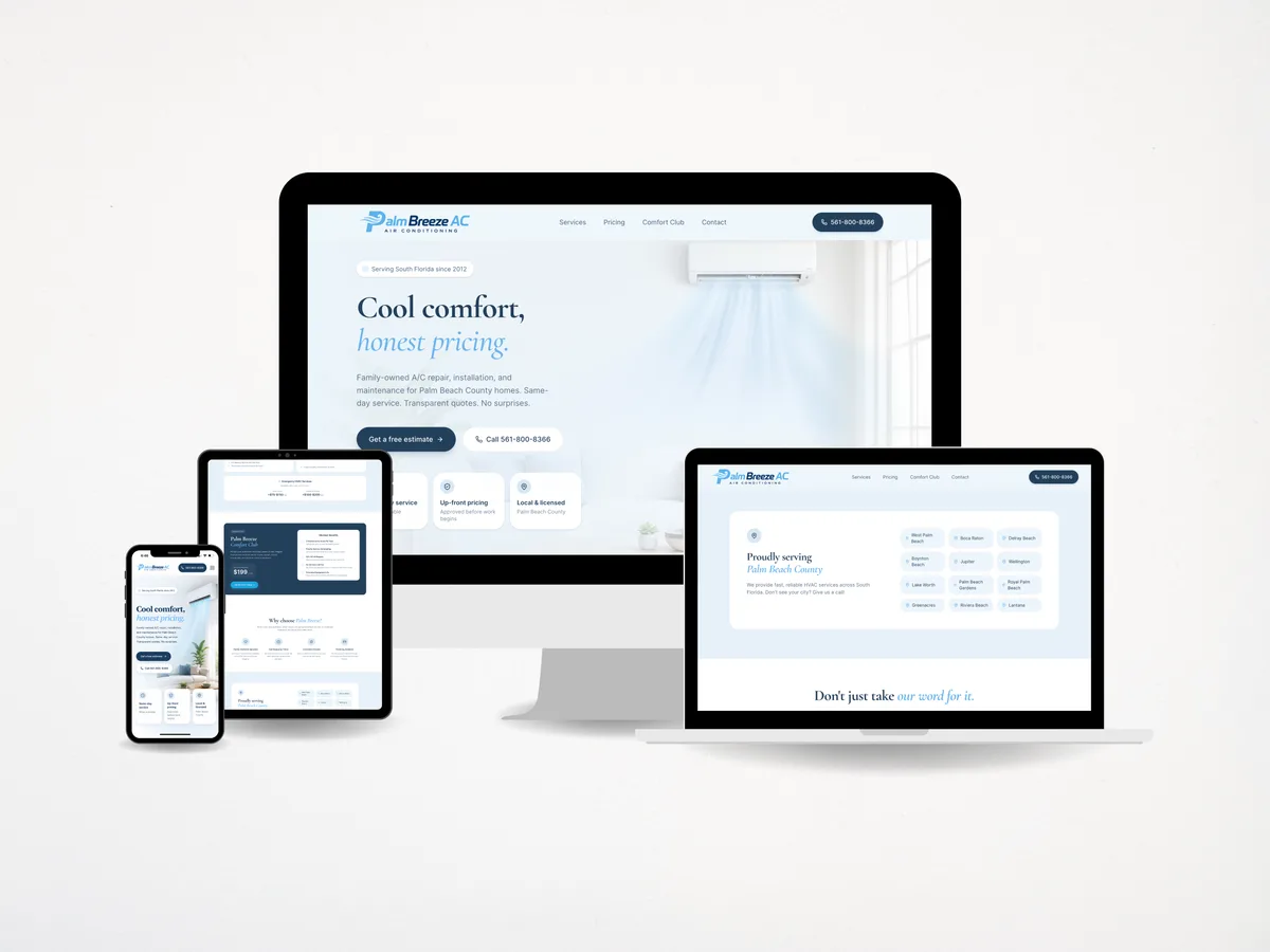 Website design mockup shown across desktop, tablet, and mobile