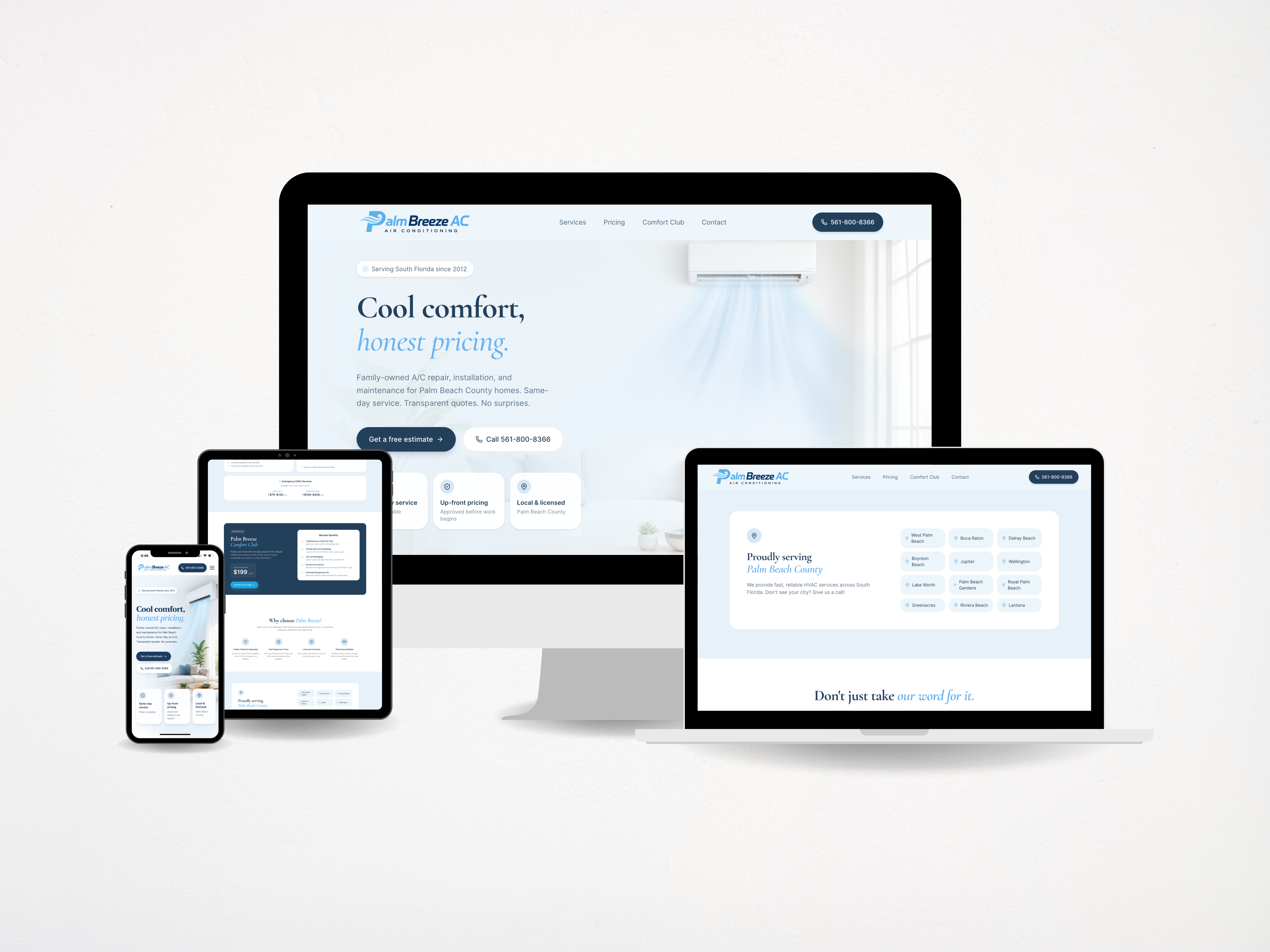 Website design mockup shown across desktop, tablet, and mobile